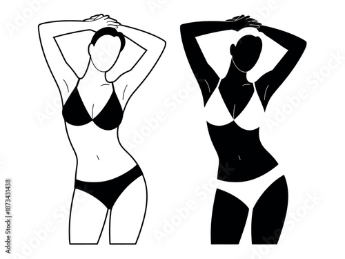 A black and white illustration of a woman in a bikini showcasing her silhouette and body shape.