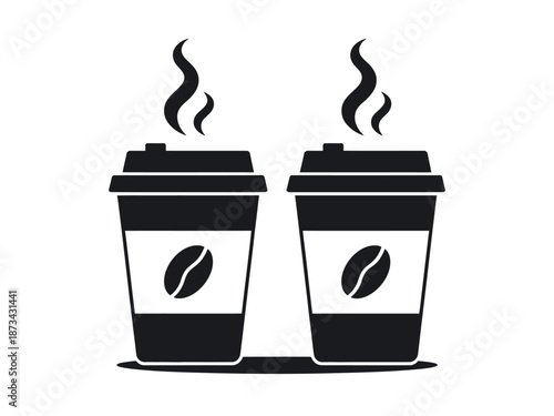 Two steaming hot coffee cups with lids on a plain white background
