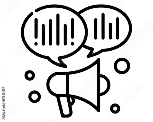 A black and white illustration of a megaphone with speech bubbles and exclamation marks.