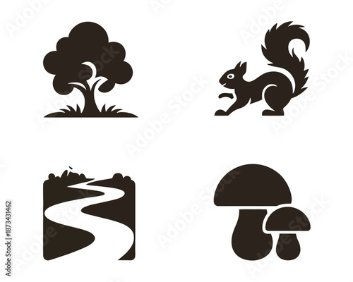 A set of nature icons featuring a tree, squirrel, winding river, and mushrooms in black silhouette on a white background.