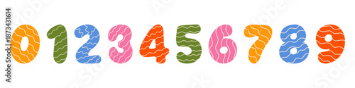 Hand drawn set of vibrant numbers 0 to 9 with organic curves and wavy patterns. Modern retro childrens book style vector illustration. Perfect for kids birthday parties, education, nursery decor