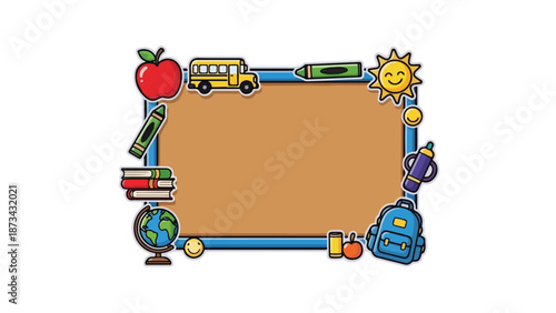 Colorful illustration of a blank brown bulletin board surrounded by school supplies and icons on a white background with a playful and educational mood.