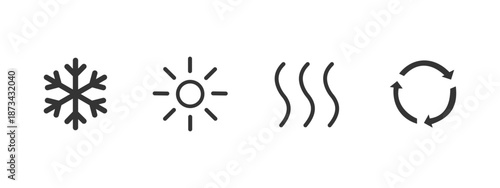 Weather symbols outline representing cold, sun, steam  and recycling in a simple Vector design