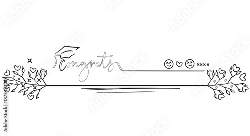 a delicate black and white floral graphic features the word congrats in elegant cursive adorned with hearts and a graduation cap symbol celebratory design