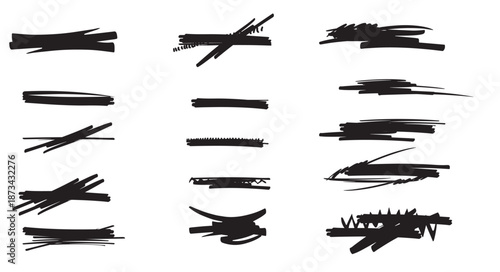 An artistic arrangement of abstract black brush strokes and swathes depicting various lines textures and dynamic forms on a bright white background