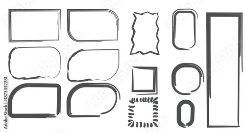 a collection of hand drawn irregular and simplistic frame shapes in black and white reflecting a freeform artistic design aesthetic high quality