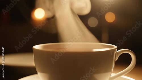 White ceramic cup of hot tea releasing steam against a dark blurred background with warm bokeh lights creating a cozy atmosphere at golden hour lighting