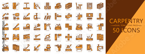 Carpentry dual tone icons pack. contain adze, awl, axe, wood, drill, dowel, chisel, jack plane, hammer, electric saw, nail and more. Vector for print, digital UI, UX kit, web and app development.