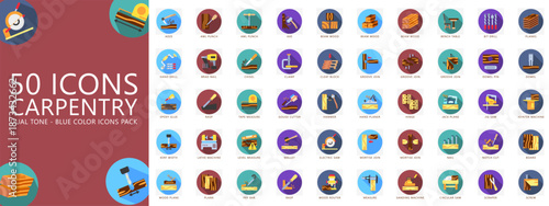 Carpentry rounded color icons pack. contain adze, awl, axe, wood, drill, dowel, chisel, hand plane, hammer, electric saw, nail and more. Vector for print, digital UI, UX kit, web and app development.