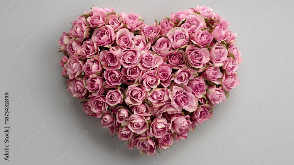 Obraz premium A heart-shaped arrangement of pink roses on a gray background, perfect for Valentine's Day or romantic gestures. Valentine day Special