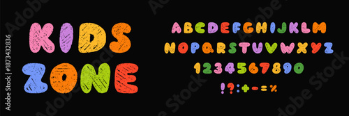 Chalk english alphabet doodle set. Crayon pencil font, school wax kid letters in sketch style. Hand drawn vector illustration isolated on black background.