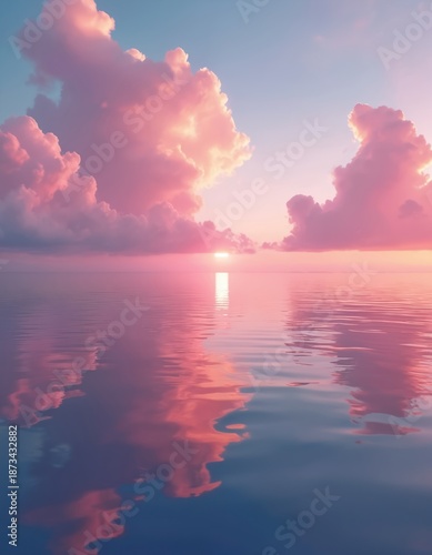Pink sunset reflects in calm sea water. Sky with cumulus clouds, colorful reflections on ocean surface. Nature background shows dusk at lake with sunlight and horizon.