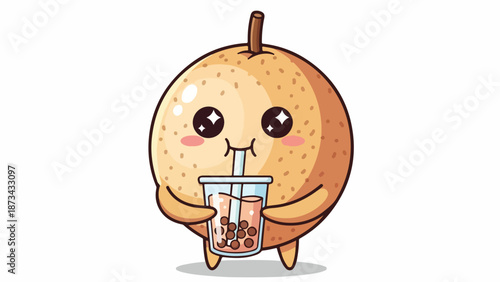 Cartoon illustration of a smiling donut character holding a bubble tea cup with a straw on a white background.