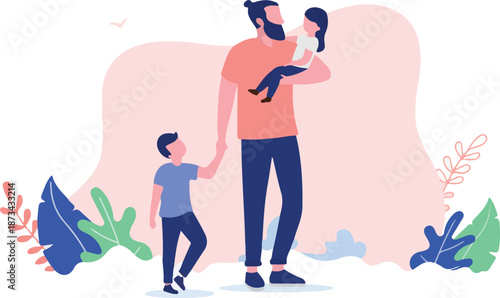 Father with two children - Dad standing outdoors with kids spending time together. Flat design vector illustration with white background and copy space for text.