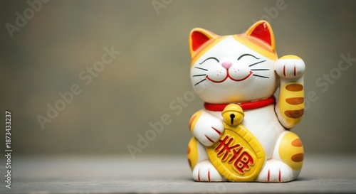 Wallpaper Mural Maneki-neko figurine with raised paw on neutral blurred background holding gold coin Torontodigital.ca
