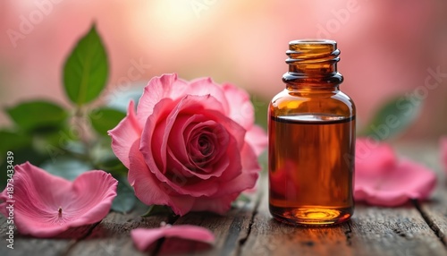 Rose essential oil displayed with a pink rose flower and petals on wooden surface. Bottle with oil stands near blossom. Aromatherapy skincare treatment concept.