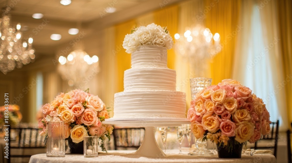 Obraz premium Elegant Wedding Cake with Rose Bouquets at Reception