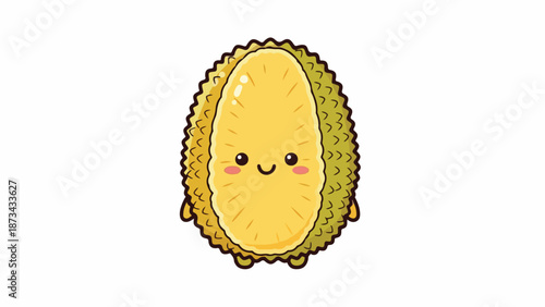 A cartoon durian fruit with a smiling face and rosy cheeks on a plain white background.