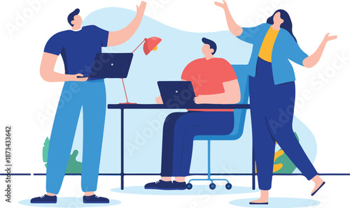 Casual teamwork - Team of three people working together with computers, smiling and having fun. Flat design cartoon vector illustration with white background.