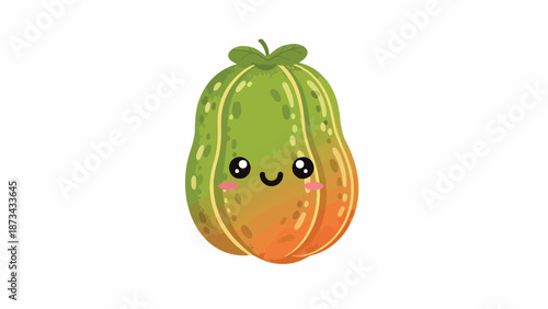 A cartoon pear with a smiling face and rosy cheeks against a clean white background.