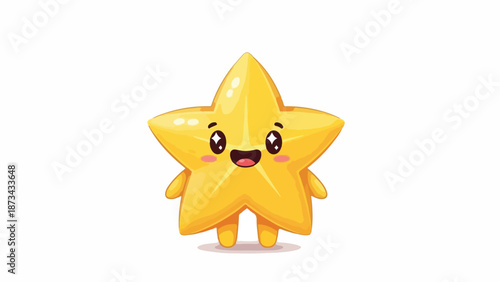 A cheerful cartoon star character with a smiling face and rosy cheeks standing against a clean white background.