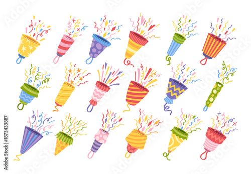 Variety of party poppers in bright colors for surprise events and carnival invitations isolated set