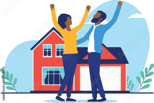 Happy black couple buying house - Two people cheering with hands in air after becoming home owners. Flat design vector illustration with white background