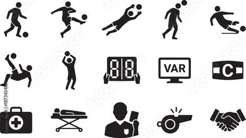 Football players referee and medical equipment icon set showing action throw in cards var and injury on pitch