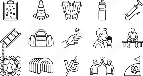 Soccer equipment and match events linear icons set with players jersey stadium and referee symbols