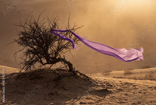 An evocative image of a solitary tree with a purple scarf blowing in the wind in a desert landscape. The scene conveys a sense of resilience and the power of nature
