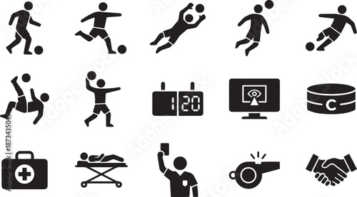Sports vector line icons for soccer including player actions match officiating and fan celebration