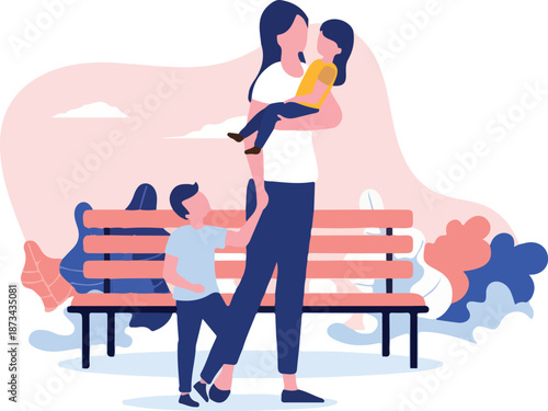 Mother outdoors with children - Mom parent carrying kids in park, spending time and having leisure time of with family. Flat design vector illustration with white background