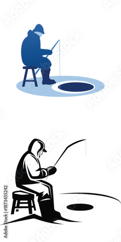 Ice fisherman sitting on a stool with fishing rod by hole in ice  