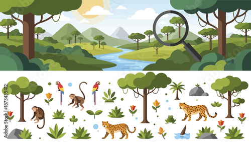 Lush Jungle Landscape with Wildlife Elements and Magnifying Glass Detail Illustration