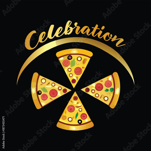 Celebration pizza graphic with slices on black background  