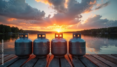 Four propane tanks stand on wood dock against lake sunset. Tanks on pier during gold hour. Metal containers near water reflecting sunlight. Industrial equipment outdoors near calm lake