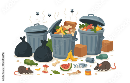 Overflowing trash bins with food waste attracting pests in cartoon style