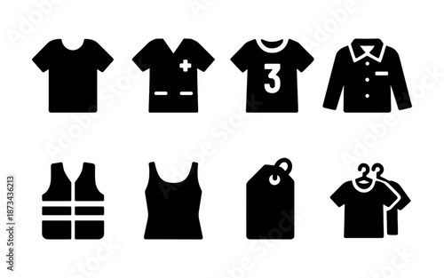 Collection of black clothing icons including t-shirts, scrubs, and a vest.