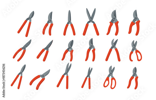 Variety of garden shears with red handles on a white background