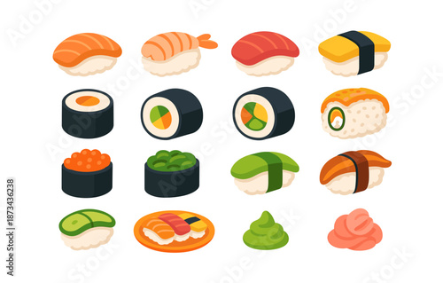 Assorted sushi collection: colorful and tasty japanese cuisine in flat style