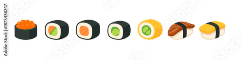 Assorted sushi rolls in flat design on white background