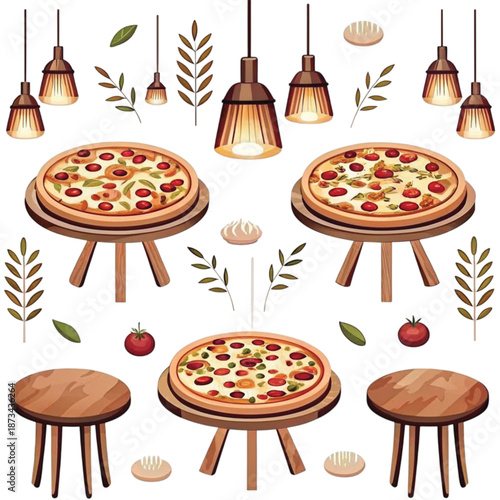 Illustration of pizzas on wooden tables with hanging lights and plants  