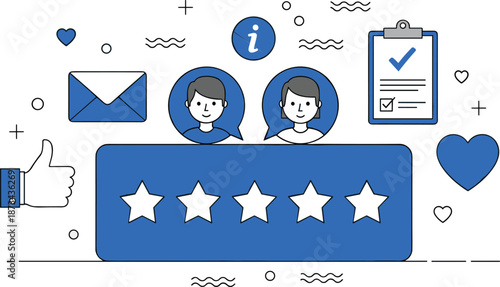 Customer review and feedback illustration with five star rating, user testimonials, likes and messages, satisfaction and trust concept in modern flat design style