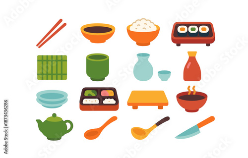 Colorful japanese cuisine elements with sushi, chopsticks, rice, and teapot