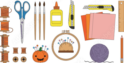 Creative arts and crafts supplies illustration with scissors, paint brushes, glue, yarn, sewing tools, and paper, colorful handmade DIY concept for education and hobbies
