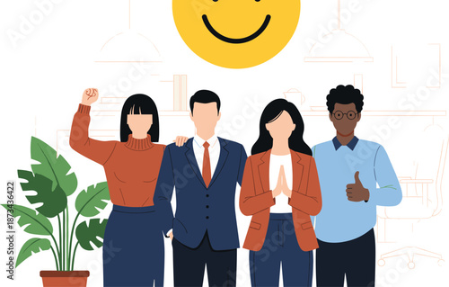 Diverse happy team illustration with smiling coworkers, positive workplace culture, teamwork and inclusion concept, modern flat design for business, HR, leadership, and corporate success themes