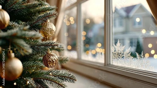 Cozy holiday atmosphere with christmas tree and frosted window in a winter wonderland