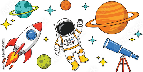 Cute space exploration illustration with astronaut, rocket, planets, telescope, and stars, colorful cartoon cosmic design for kids education, posters, branding, and creative projects