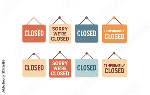 Set of hanging closed signs in various colors and styles
