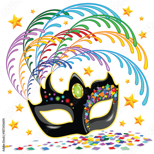 Venice Carnival Mask with colorful Feathers, sparkles, confetti vector Logo Illustration isolated on white.
